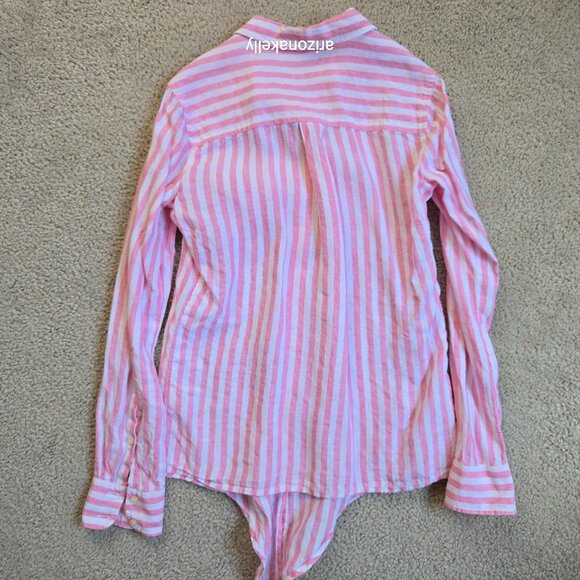 J. Crew Linen Button Down Shirt Pink + White Stripe Tie Waist  00 - Picture 10 of 10